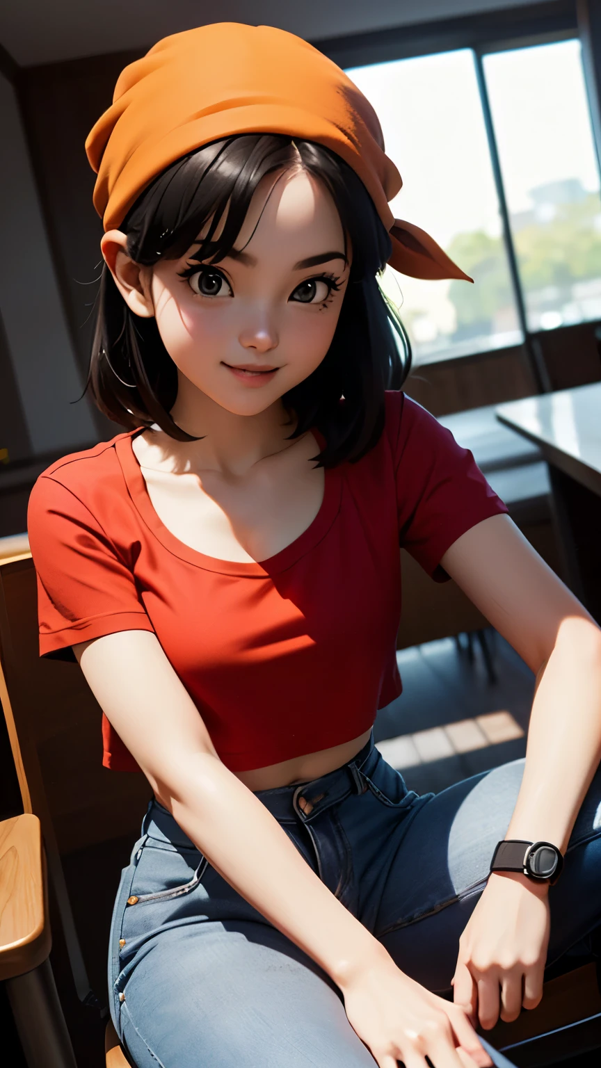 pan, 1 girl, Alone, smile, red shirt, jeans, bandana, black hair, sitting,, (acclaimed, seductive, captivating, exciting, beautiful, Awesome:1.3), (trending on CGsociety, trendy on pixiv, contest winner:1.3)