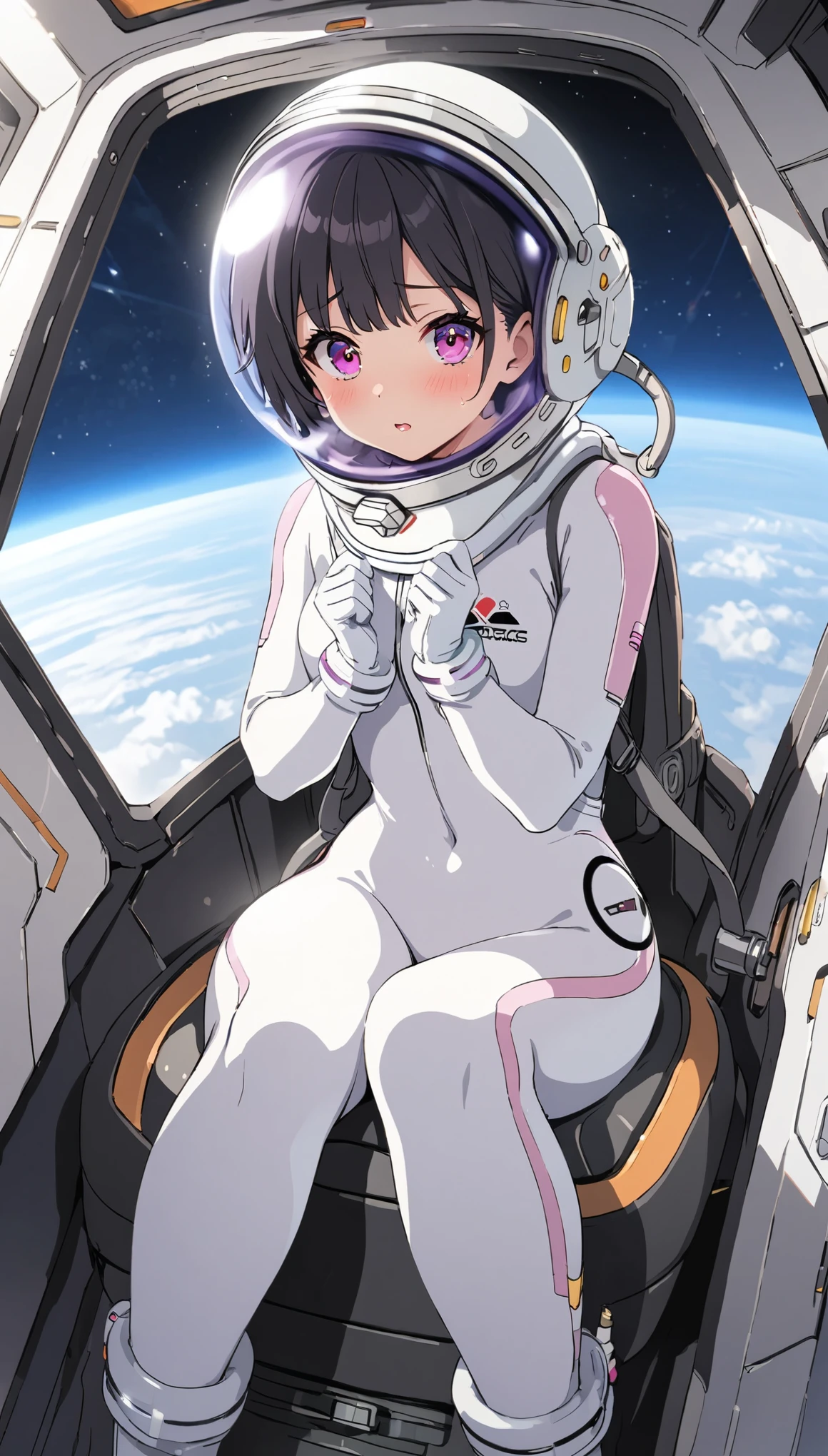 1人of女of子,Alone,short hair,(Space Suit:1.15), Black Hair Space Helmet ,whole body, indoor, masterpiece of the highest quality,  trembling, difficulty breathing, bodysuit,Lumine ,  Bubble Helmets , short hair,  backpack,gloves,blush,internal (cockpit) of (Futuristic spaceship:1.6), Sitting on narraw futuristic spacecraft cockpit seat, Covered navel, short hair