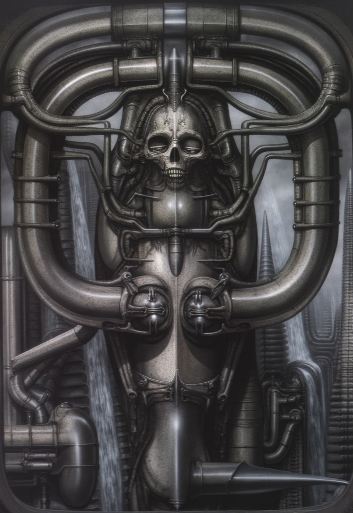 HRGGR, The image is a detailed view of H.R. Giger's biomechanical tableau \" LANDSCAPE No 312 \" plate, featuring a complex, intricate, and detailed design of endless Machine in the transit space over the cascade of fallen water, that appears to be a fusion of organic and mechanical elements, with a focus on the interplay between the two.The piece is a tableau, most likely created with a India ink pen or pencil on paper, determined by the thin lines, shading techniques, and the texture of the paper, which is visible around the edges. Used is pen, given the shading and variations in line weight visible in the image. Artist have used a variety of stylus with different degrees of hardness to achieve the shading effects. The use of undersaturated green-grays dark contrasts creates a stark and graphic look. Is used a variety of linework techniques to create different textures. Fine, parallel lines create a smooth, metallic texture,while thicker, more cursive lines suggest cables or wires. Light source from the top highlights skeletals, pper part of foreground, lower part of image is in shadowupper part of foreground, lower part of image is in shadow. The art performance showcases the artist’s skills in observation and rendering. The level of detail in the piece suggests a close study of real bone specimens and mechanics. The artist has skillfully used shading techniques to create a convincing illusion of three-dimensionality on a flat surface. The wrinkles and cracks in the surface, and the cast shadows with accuracy, used shading techniques to create a realistic depiction of light and shadow on the objects. This creates a sense of depth and dimension in the image. The artist has used careful linework to depict the contours and textures in the piece Sharp focus on foreground elements illustration. Deep and delicate DOF. Big painting. Stored in Louvre masterpiece, ooze soaked pajama top