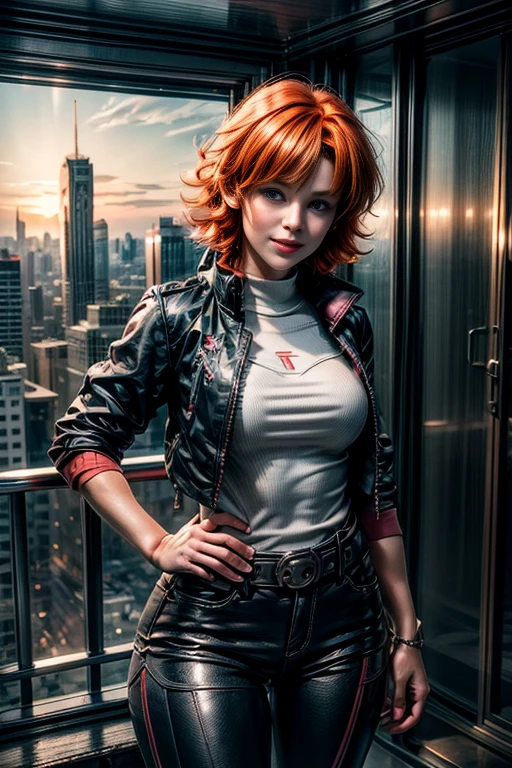 cowboy shot,beautiful nora_valkyrie, smile, looking at viewer, blush, smile, short hair, bangs, blue eyes, ski jacket, ski pants, black boots, orange hair, shiny hair, dynamic pose, nora is standing on balcony of penthouse suite, tall skyscraper, overlooking post apocalyptic cityscape, ruined buildings, vehicles wrecked, bonfire, best quality, masterpiece, intricate details, tonemapping, sharp focus, hyper detailed, masterpiece, elegant face, beautiful face, highly detailed skin, skin pores, subsurface scattering, realistic pupils, full lips, detailed background, depth of field, atmospheric perspective, volumetric lighting, sharp focus, absurdres, realistic proportions, good anatomy, (realistic, hyperrealistic:1.4), 16k hdr,