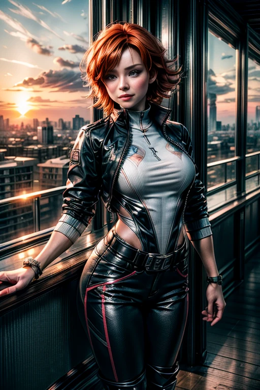 cowboy shot,beautiful nora_valkyrie, smile, looking at viewer, blush, smile, short hair, bangs, blue eyes, ski jacket, ski pants, black boots, orange hair, shiny hair, dynamic pose, nora is standing on balcony of penthouse suite, tall skyscraper, overlooking post apocalyptic cityscape, ruined buildings, vehicles wrecked, bonfire, best quality, masterpiece, intricate details, tonemapping, sharp focus, hyper detailed, masterpiece, elegant face, beautiful face, highly detailed skin, skin pores, subsurface scattering, realistic pupils, full lips, detailed background, depth of field, atmospheric perspective, volumetric lighting, sharp focus, absurdres, realistic proportions, good anatomy, (realistic, hyperrealistic:1.4), 16k hdr,