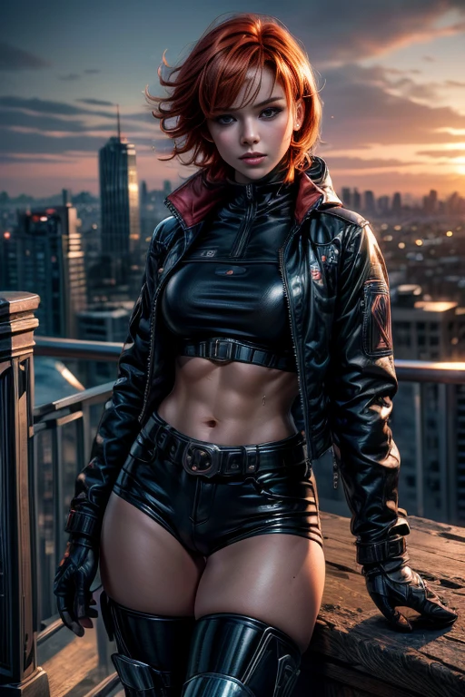 cowboy shot,beautiful nora_valkyrie, looking at viewer, short hair, bangs, blue eyes, ski jacket, ski pants, black boots, orange hair, shiny hair, dynamic pose, nora is standing on balcony of penthouse suite, tall skyscraper, overlooking post apocalyptic cityscape, ruined buildings, vehicles wrecked, bonfire, best quality, masterpiece, intricate details, tonemapping, sharp focus, hyper detailed, masterpiece, elegant face, beautiful face, highly detailed skin, skin pores, subsurface scattering, realistic pupils, full lips, detailed background, depth of field, atmospheric perspective, volumetric lighting, sharp focus, absurdres, realistic proportions, good anatomy, (realistic, hyperrealistic:1.4), 16k hdr,