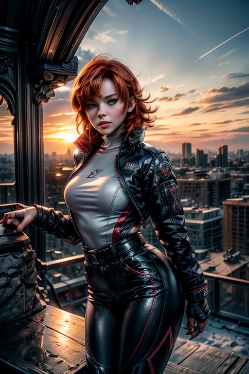 cowboy shot,beautiful nora_valkyrie, looking at viewer, short hair, bangs, blue eyes, ski jacket, ski pants, black boots, orange hair, shiny hair, dynamic pose, nora is standing on balcony of penthouse suite, tall skyscraper, overlooking post apocalyptic cityscape, ruined buildings, vehicles wrecked, bonfire, best quality, masterpiece, intricate details, tonemapping, sharp focus, hyper detailed, masterpiece, elegant face, beautiful face, highly detailed skin, skin pores, subsurface scattering, realistic pupils, full lips, detailed background, depth of field, atmospheric perspective, volumetric lighting, sharp focus, absurdres, realistic proportions, good anatomy, (realistic, hyperrealistic:1.4), 16k hdr,