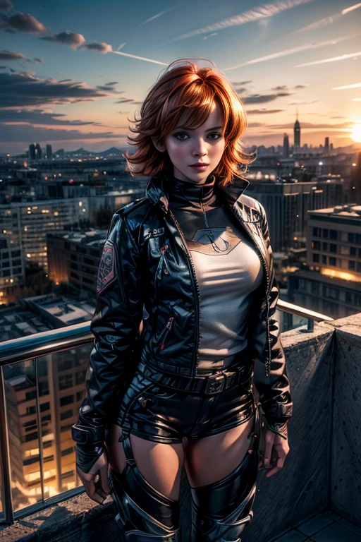 cowboy shot,beautiful nora_valkyrie, looking at viewer, short hair, bangs, blue eyes, ski jacket, ski pants, black boots, orange hair, shiny hair, dynamic pose, nora is standing on balcony of penthouse suite, tall skyscraper, overlooking post apocalyptic cityscape, ruined buildings, vehicles wrecked, bonfire, best quality, masterpiece, intricate details, tonemapping, sharp focus, hyper detailed, masterpiece, elegant face, beautiful face, highly detailed skin, skin pores, subsurface scattering, realistic pupils, full lips, detailed background, depth of field, atmospheric perspective, volumetric lighting, sharp focus, absurdres, realistic proportions, good anatomy, (realistic, hyperrealistic:1.4), 16k hdr,