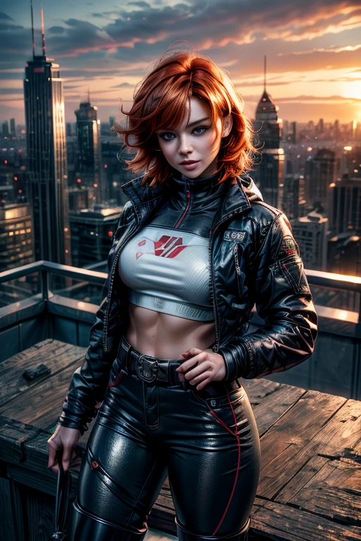 cowboy shot,beautiful nora_valkyrie, looking at viewer, short hair, bangs, blue eyes, ski jacket, ski pants, black boots, orange hair, shiny hair, dynamic pose, nora is standing on balcony of penthouse suite, tall skyscraper, overlooking post apocalyptic cityscape, ruined buildings, vehicles wrecked, bonfire, best quality, masterpiece, intricate details, tonemapping, sharp focus, hyper detailed, masterpiece, elegant face, beautiful face, highly detailed skin, skin pores, subsurface scattering, realistic pupils, full lips, detailed background, depth of field, atmospheric perspective, volumetric lighting, sharp focus, absurdres, realistic proportions, good anatomy, (realistic, hyperrealistic:1.4), 16k hdr,