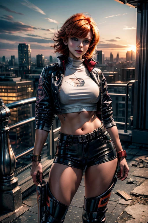 cowboy shot,beautiful nora_valkyrie, looking at viewer, short hair, bangs, blue eyes, ski jacket, ski pants, black boots, orange hair, shiny hair, dynamic pose, nora is standing on balcony of penthouse suite, tall skyscraper, overlooking post apocalyptic cityscape, ruined buildings, vehicles wrecked, bonfire, best quality, masterpiece, intricate details, tonemapping, sharp focus, hyper detailed, masterpiece, elegant face, beautiful face, highly detailed skin, skin pores, subsurface scattering, realistic pupils, full lips, detailed background, depth of field, atmospheric perspective, volumetric lighting, sharp focus, absurdres, realistic proportions, good anatomy, (realistic, hyperrealistic:1.4), 16k hdr,