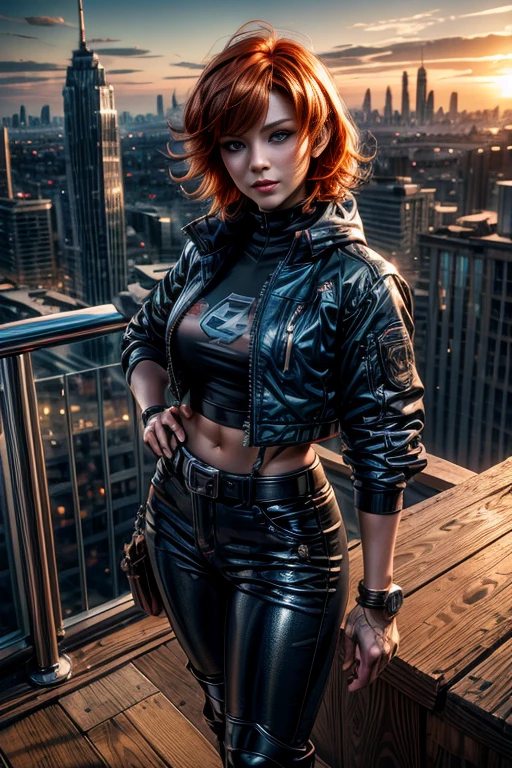 cowboy shot,beautiful nora_valkyrie, looking at viewer, short hair, bangs, blue eyes, ski jacket, ski pants, black boots, orange hair, shiny hair, dynamic pose, nora is standing on balcony of penthouse suite, tall skyscraper, overlooking post apocalyptic cityscape, ruined buildings, vehicles wrecked, bonfire, best quality, masterpiece, intricate details, tonemapping, sharp focus, hyper detailed, masterpiece, elegant face, beautiful face, highly detailed skin, skin pores, subsurface scattering, realistic pupils, full lips, detailed background, depth of field, atmospheric perspective, volumetric lighting, sharp focus, absurdres, realistic proportions, good anatomy, (realistic, hyperrealistic:1.4), 16k hdr,