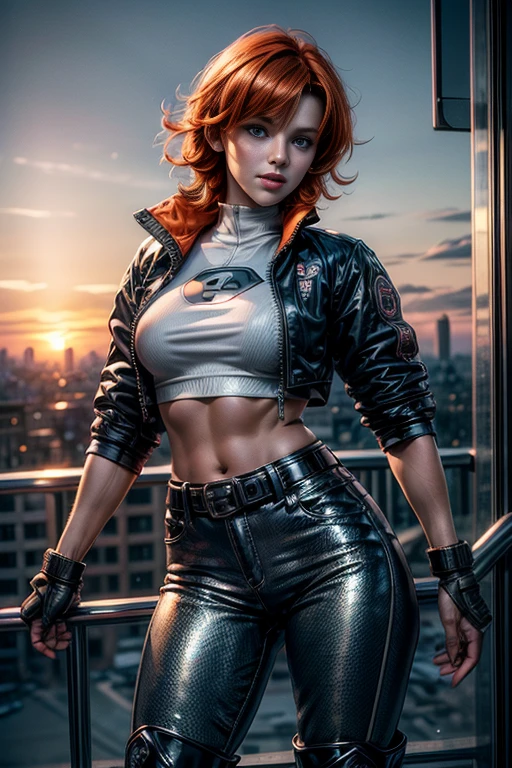 cowboy shot,beautiful nora_valkyrie, looking at viewer, short hair, bangs, blue eyes, ski jacket, ski pants, black boots, orange hair, shiny hair, dynamic pose, nora is standing on balcony of penthouse suite, tall skyscraper, overlooking post apocalyptic cityscape, ruined buildings, vehicles wrecked, bonfire, best quality, masterpiece, intricate details, tonemapping, sharp focus, hyper detailed, masterpiece, elegant face, beautiful face, highly detailed skin, skin pores, subsurface scattering, realistic pupils, full lips, detailed background, depth of field, atmospheric perspective, volumetric lighting, sharp focus, absurdres, realistic proportions, good anatomy, (realistic, hyperrealistic:1.4), 16k hdr,