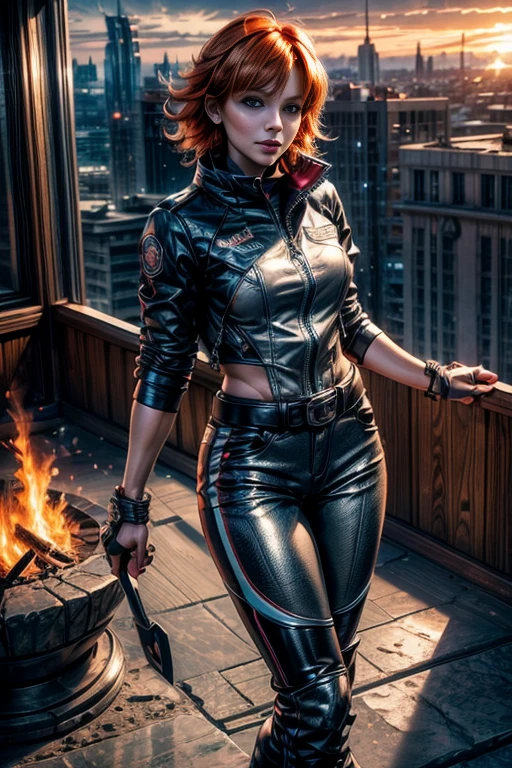 cowboy shot,beautiful nora_valkyrie, looking at viewer, short hair, bangs, blue eyes, ski jacket, ski pants, black boots, orange hair, shiny hair, dynamic pose, nora is standing on balcony of penthouse suite, tall skyscraper, overlooking post apocalyptic cityscape, ruined buildings, vehicles wrecked, bonfire, best quality, masterpiece, intricate details, tonemapping, sharp focus, hyper detailed, masterpiece, elegant face, beautiful face, highly detailed skin, skin pores, subsurface scattering, realistic pupils, full lips, detailed background, depth of field, atmospheric perspective, volumetric lighting, sharp focus, absurdres, realistic proportions, good anatomy, (realistic, hyperrealistic:1.4), 16k hdr,