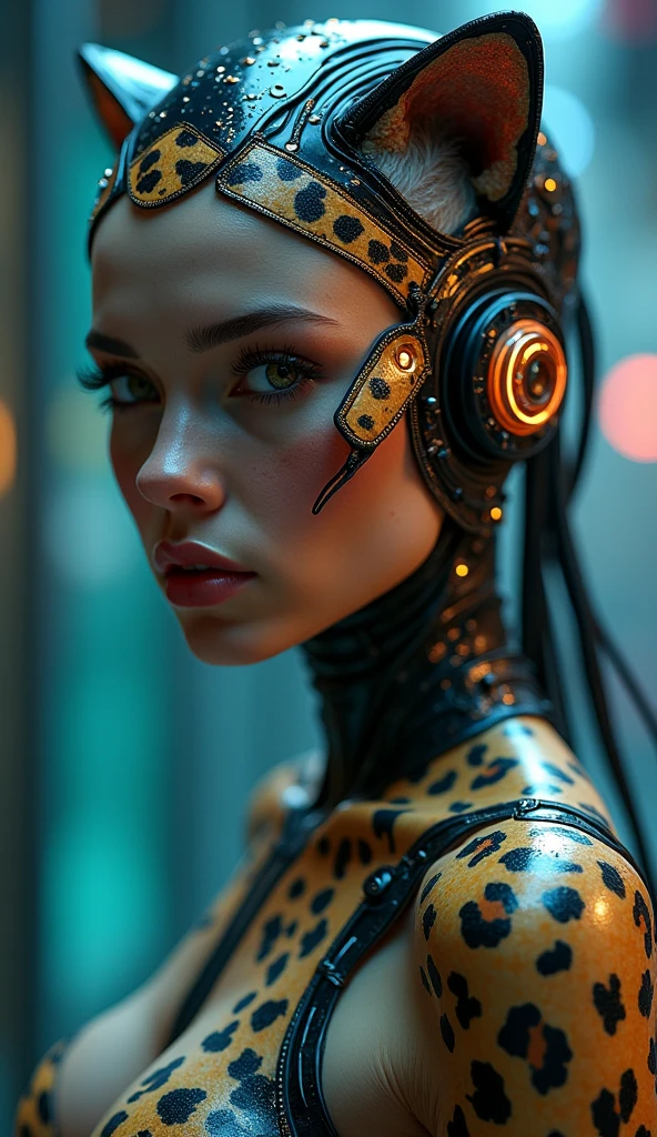 a cheetah cyborg woman, detailed portrait, beautiful detailed eyes, beautiful detailed lips, extremely detailed face and skin, long eyelashes, cinematic lighting, dramatic atmosphere, cheetah print bodysuit, futuristic cyberpunk style, intricate mechanical details, glowing neon accents, photorealistic, 8k, ultra-detailed, masterpiece, concept art, hyper realistic