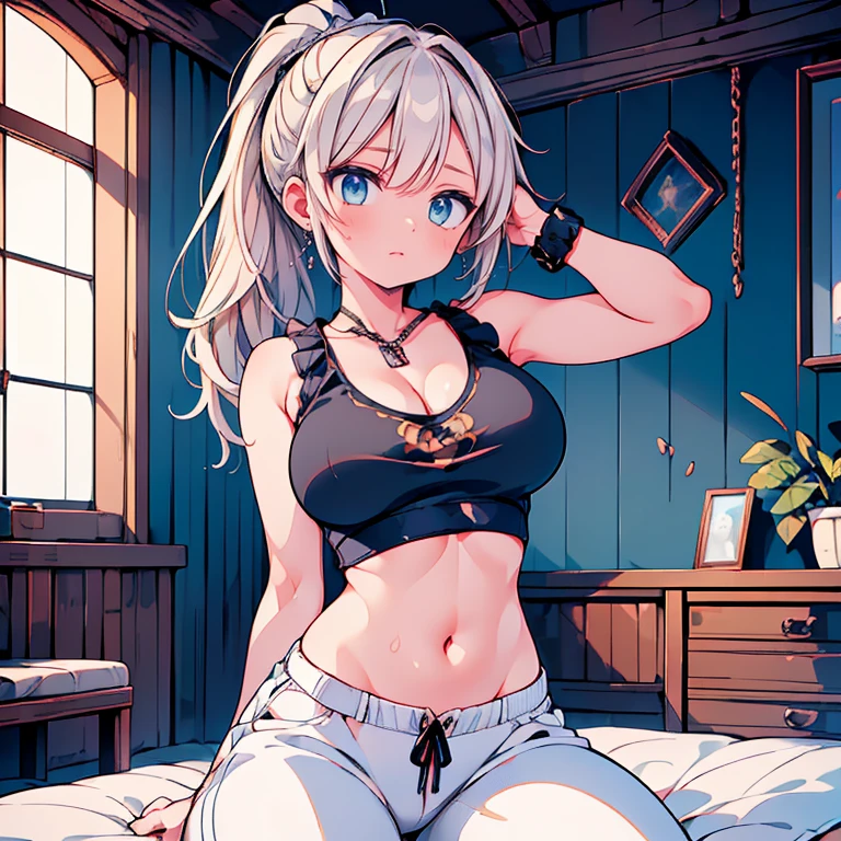 Anime Kawaii sexy Perfect Slim sensual body large breast and huge thighs, An intricate and highly detailed illustration of anime (Young girl) 最high qualiy、best quality image、work of art、adolescent((18-years old、 Becoming、vest bust、medium bust,wide open breast tea、Black eye, hair blonde、Usual hair、long hair、fine tune,higher valley、black tank top with navel、blue shorts、Holding a spray can、smug face、leaning forward)),high qualiy、linda arte、fund((Shining city、wand、graffit、paint))debris flies、Written limit depth、film、visual artwork、Perfect artwork、8k,genuine