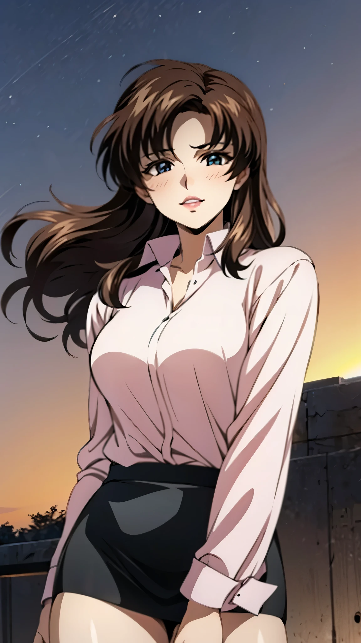 （super high quality, super high resolution ,16k,super masterpiece,Ultra HD ,Detailed shading and background,）Shooting from below,One sexy mature woman,（Long-sleeved pink shirt unbuttoned and unfolded, red pencil skirt,）smile,Thick lips,blush,Sky background with a view of the sunset,Hair lifted by the wind,Hold your hair with one hand,