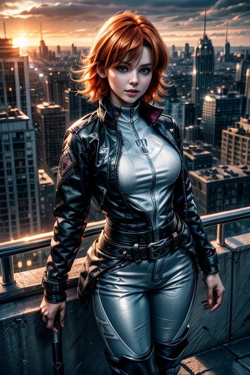 cowboy shot,beautiful nora_valkyrie, looking at viewer, short hair, bangs, blue eyes, ski jacket, ski pants, black boots, orange hair, shiny hair, dynamic pose, nora is standing on balcony of penthouse suite, tall skyscraper, overlooking post apocalyptic cityscape, ruined skyscrapers, flames in the distance, vehicles wrecked, best quality, masterpiece, intricate details, tonemapping, sharp focus, hyper detailed, masterpiece, elegant face, beautiful face, highly detailed skin, skin pores, subsurface scattering, realistic pupils, full lips, detailed background, depth of field, atmospheric perspective, volumetric lighting, sharp focus, absurdres, realistic proportions, good anatomy, (realistic, hyperrealistic:1.4), 16k hdr,