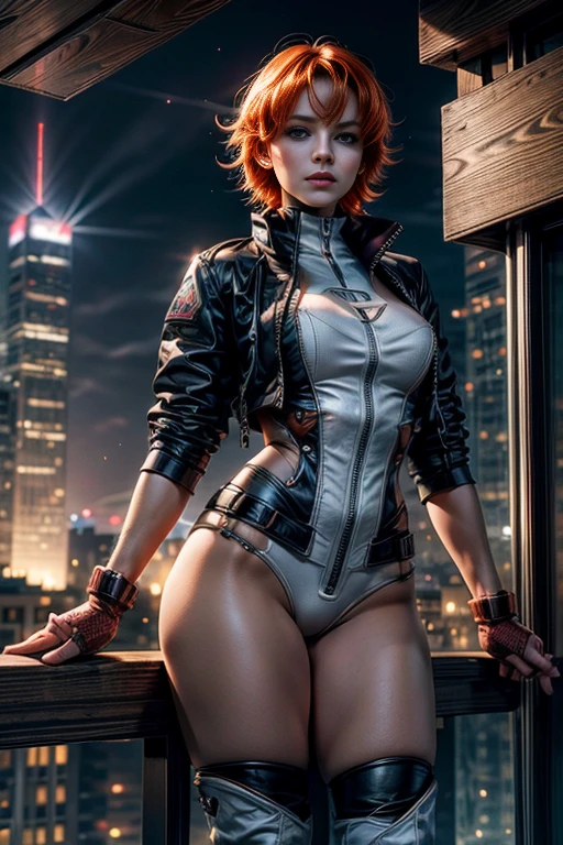 cowboy shot,beautiful nora_valkyrie, looking at viewer, short hair, bangs, blue eyes, ski jacket, ski pants, black boots, orange hair, shiny hair, dynamic pose, nora is standing on balcony of penthouse suite, tall skyscraper, overlooking post apocalyptic cityscape, ruined skyscrapers, flames in the distance, vehicles wrecked, best quality, masterpiece, intricate details, tonemapping, sharp focus, hyper detailed, masterpiece, elegant face, beautiful face, highly detailed skin, skin pores, subsurface scattering, realistic pupils, full lips, detailed background, depth of field, atmospheric perspective, volumetric lighting, sharp focus, absurdres, realistic proportions, good anatomy, (realistic, hyperrealistic:1.4), 16k hdr,