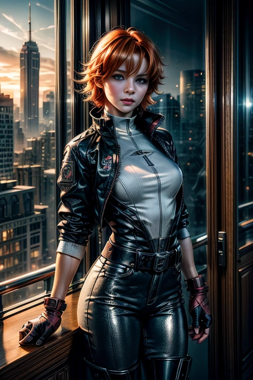 cowboy shot,beautiful nora_valkyrie, looking at viewer, short hair, bangs, blue eyes, ski jacket, ski pants, black boots, orange hair, shiny hair, dynamic pose, nora is standing on balcony of penthouse suite, tall skyscraper, overlooking post apocalyptic cityscape, ruined skyscrapers, flames in the distance, vehicles wrecked, best quality, masterpiece, intricate details, tonemapping, sharp focus, hyper detailed, masterpiece, elegant face, beautiful face, highly detailed skin, skin pores, subsurface scattering, realistic pupils, full lips, detailed background, depth of field, atmospheric perspective, volumetric lighting, sharp focus, absurdres, realistic proportions, good anatomy, (realistic, hyperrealistic:1.4), 16k hdr,