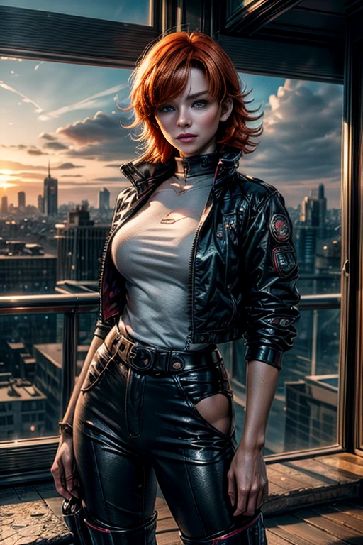 cowboy shot,beautiful nora_valkyrie, looking at viewer, short hair, bangs, blue eyes, ski jacket, ski pants, black boots, orange hair, shiny hair, dynamic pose, nora is standing on balcony of penthouse suite, tall skyscraper, overlooking post apocalyptic cityscape, ruined skyscrapers, flames in the distance, vehicles wrecked, best quality, masterpiece, intricate details, tonemapping, sharp focus, hyper detailed, masterpiece, elegant face, beautiful face, highly detailed skin, skin pores, subsurface scattering, realistic pupils, full lips, detailed background, depth of field, atmospheric perspective, volumetric lighting, sharp focus, absurdres, realistic proportions, good anatomy, (realistic, hyperrealistic:1.4), 16k hdr,