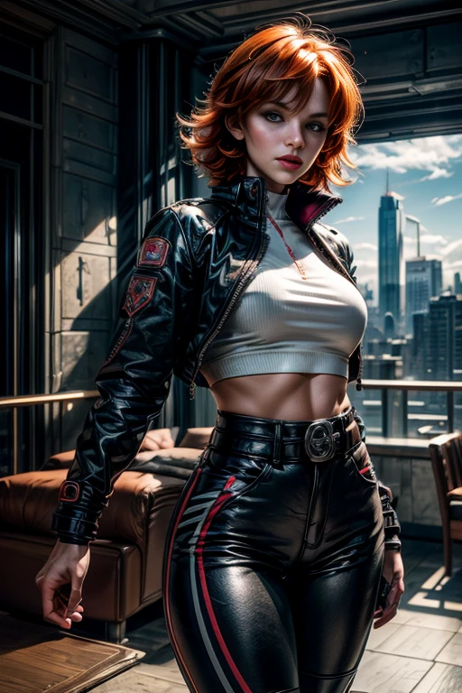 cowboy shot,beautiful nora_valkyrie, looking at viewer, short hair, bangs, blue eyes, ski jacket, ski pants, black boots, orange hair, shiny hair, dynamic pose, nora is standing on balcony of penthouse suite, tall skyscraper, overlooking post apocalyptic cityscape, ruined skyscrapers, flames in the distance, vehicles wrecked, best quality, masterpiece, intricate details, tonemapping, sharp focus, hyper detailed, masterpiece, elegant face, beautiful face, highly detailed skin, skin pores, subsurface scattering, realistic pupils, full lips, detailed background, depth of field, atmospheric perspective, volumetric lighting, sharp focus, absurdres, realistic proportions, good anatomy, (realistic, hyperrealistic:1.4), 16k hdr,