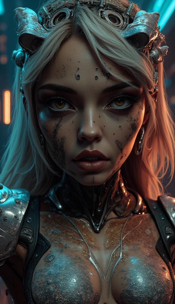 a cheetah cyborg woman, detailed portrait, beautiful detailed eyes, beautiful detailed lips, extremely detailed face and skin, long eyelashes, cinematic lighting, dramatic atmosphere, cheetah print bodysuit, futuristic cyberpunk style, intricate mechanical details, glowing neon accents, photorealistic, 8k, ultra-detailed, masterpiece, concept art, hyper realistic