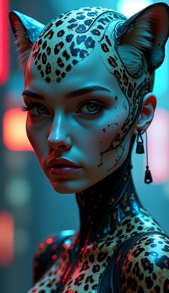 a cheetah cyborg woman, detailed portrait, beautiful detailed eyes, beautiful detailed lips, extremely detailed face and skin, long eyelashes, cinematic lighting, dramatic atmosphere, cheetah print bodysuit, futuristic cyberpunk style, intricate mechanical details, glowing neon accents, photorealistic, 8k, ultra-detailed, masterpiece, concept art, hyper realistic