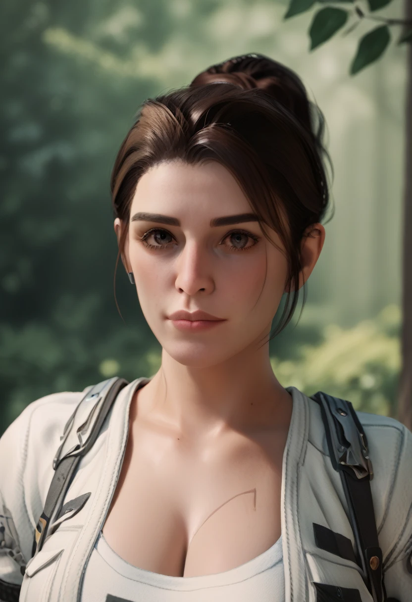 8k, photorealistic, hyperrealism, best quality, 3d, blender, rtx, 1girl, solo girl, hailey, the first descendant, detailed face, brown hair, hailey eyes, ponytail, big ass, big breasts, facing viewer, looking at viewer, in a forest, fullfront