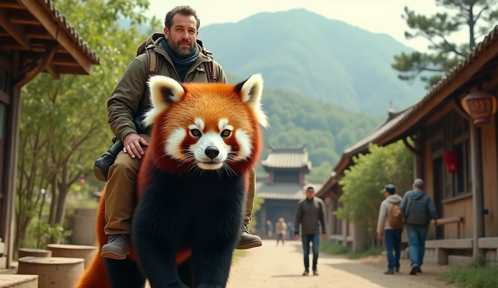  man traveling the world riding on the back of a big red panda、Big red panda 、Feeding time at a small village inn 、 red pandas seem to enjoy large amounts of bamboo in front of them 、live-action、Real