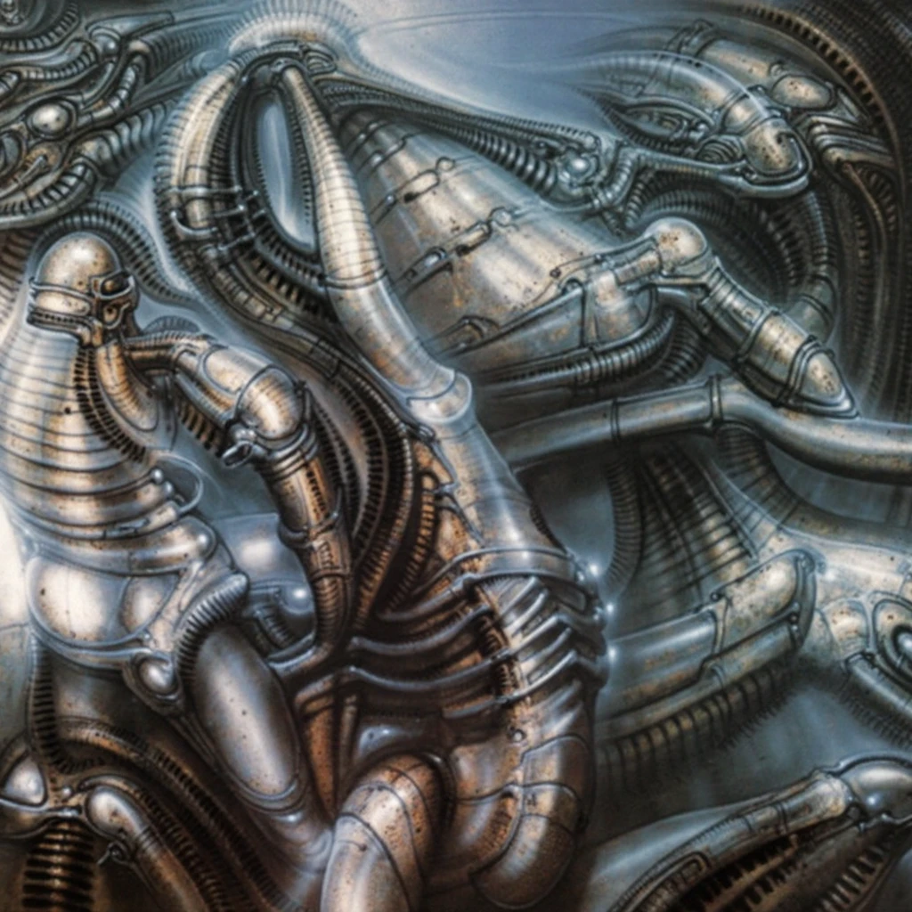 HRGGR, The image is a detailed view of H.R. Giger's biomechanical tableau \" LANDSCAPE No 312 \" plate, featuring a complex, intricate, and detailed design of endless Machine in the transit space over the cascade of fallen water, that appears to be a fusion of organic and mechanical elements, with a focus on the interplay between the two.The piece is a tableau, most likely created with a India ink pen or pencil on paper, determined by the thin lines, shading techniques, and the texture of the paper, which is visible around the edges. Used is pen, given the shading and variations in line weight visible in the image. Artist have used a variety of stylus with different degrees of hardness to achieve the shading effects. The use of undersaturated green-grays dark contrasts creates a stark and graphic look. Is used a variety of linework techniques to create different textures. Fine, parallel lines create a smooth, metallic texture,while thicker, more cursive lines suggest cables or wires. Light source from the top highlights skeletals, pper part of foreground, lower part of image is in shadowupper part of foreground, lower part of image is in shadow. The art performance showcases the artist’s skills in observation and rendering. The level of detail in the piece suggests a close study of real bone specimens and mechanics. The artist has skillfully used shading techniques to create a convincing illusion of three-dimensionality on a flat surface. The wrinkles and cracks in the surface, and the cast shadows with accuracy, used shading techniques to create a realistic depiction of light and shadow on the objects. This creates a sense of depth and dimension in the image. The artist has used careful linework to depict the contours and textures in the piece Sharp focus on foreground elements illustration. Deep and delicate DOF. Big painting. Stored in Louvre masterpiece, ooze soaked pajama top