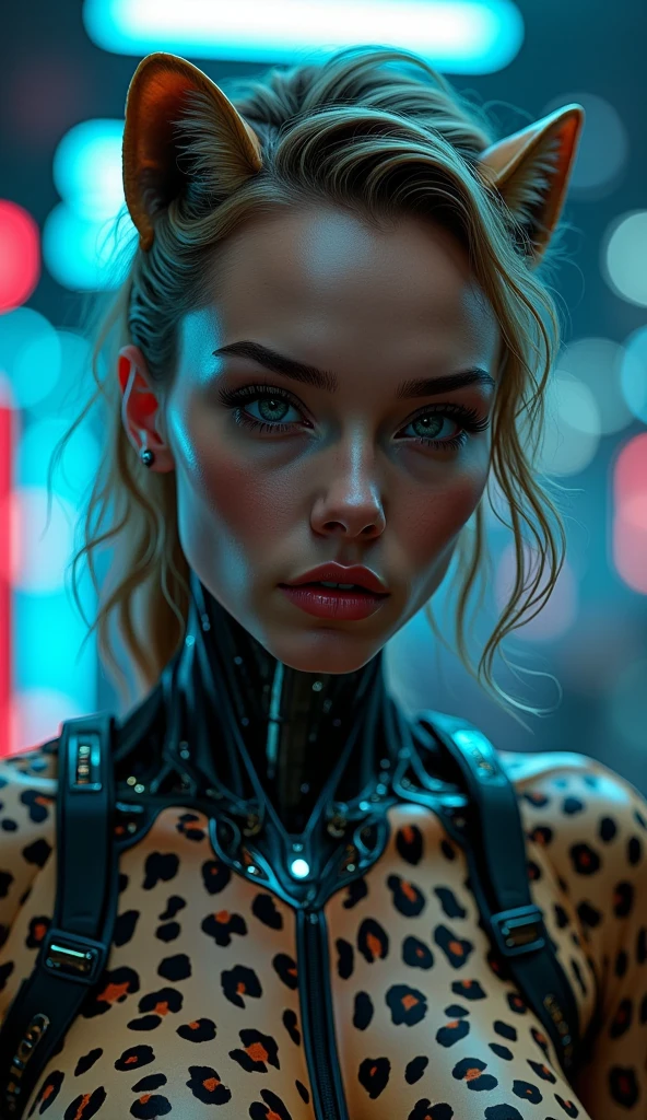 a cheetah cyborg woman, detailed portrait, beautiful detailed eyes, beautiful detailed lips, extremely detailed face and skin, long eyelashes, cinematic lighting, dramatic atmosphere, cheetah print bodysuit, futuristic cyberpunk style, intricate mechanical details, glowing neon accents, photorealistic, 8k, ultra-detailed, masterpiece, concept art, hyper realistic