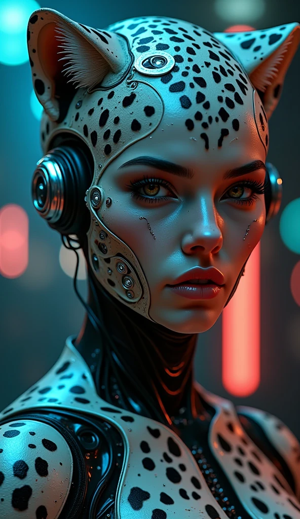 a cheetah cyborg woman, detailed portrait, beautiful detailed eyes, beautiful detailed lips, extremely detailed face and skin, long eyelashes, cinematic lighting, dramatic atmosphere, cheetah print bodysuit, futuristic cyberpunk style, intricate mechanical details, glowing neon accents, photorealistic, 8k, ultra-detailed, masterpiece, concept art, hyper realistic