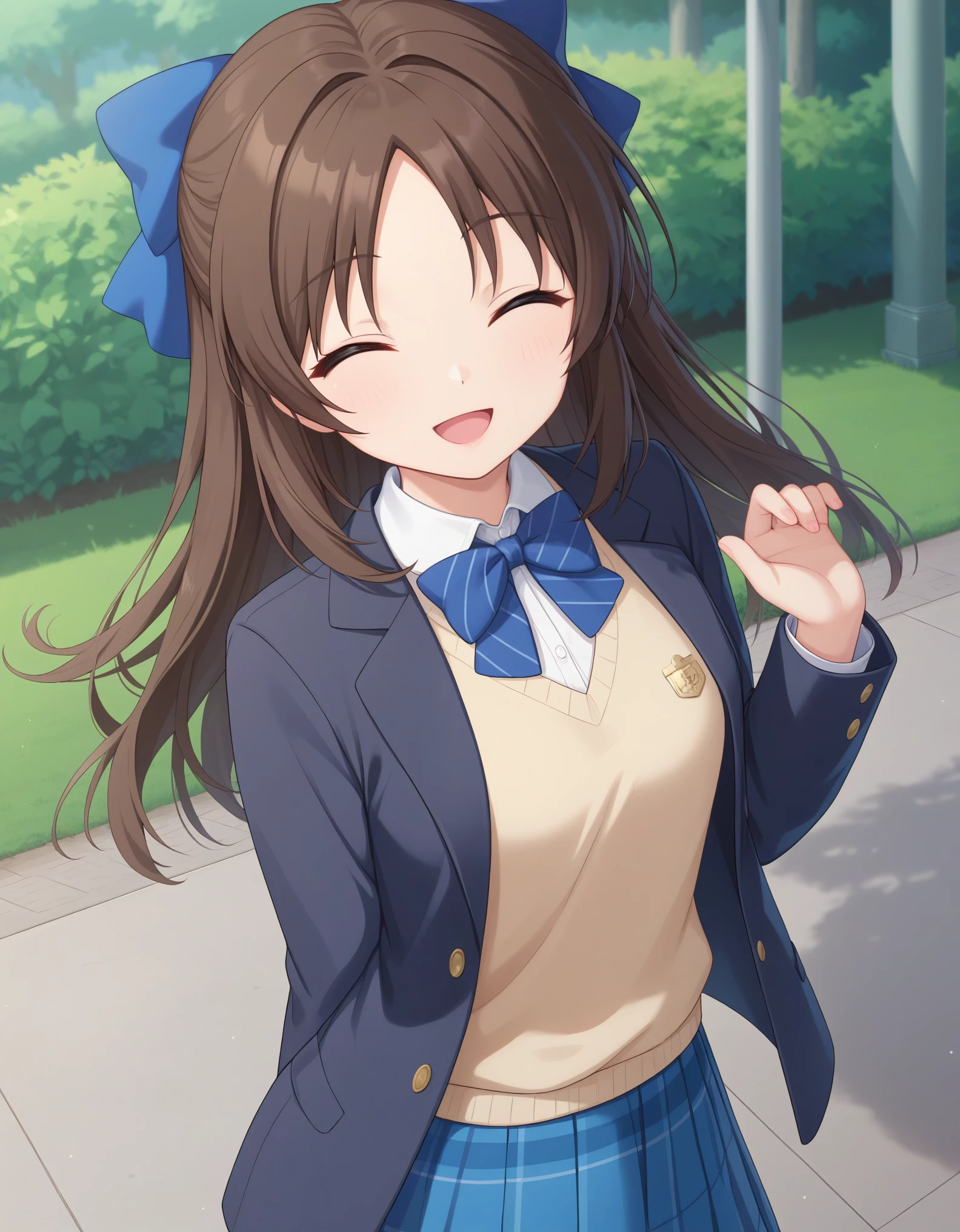 best quality,masterpiece,   4k, best quality 
1girl, solo,tachibana arisu, brown hair, brown eyes, long hair, blue hair ribbon, bang, dark brown blazer, tan color vest , white collared shirt, blue bowtie, blue plaid skirt, opened jacket, white socks,hair bow, standing,smile, opened mouth, closed eyes,cowboy shot,  looking at viewer, outdoor, park
