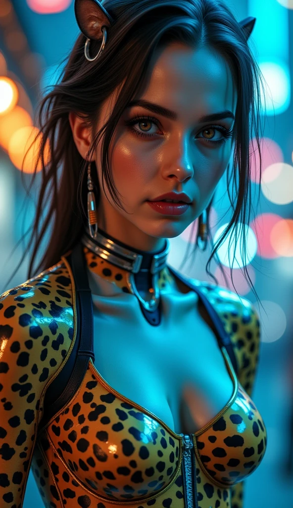 a cheetah cyborg woman, detailed portrait, beautiful detailed eyes, beautiful detailed lips, extremely detailed face and skin, long eyelashes, cinematic lighting, dramatic atmosphere, cheetah print bodysuit, futuristic cyberpunk style, intricate mechanical details, glowing neon accents, photorealistic, 8k, ultra-detailed, masterpiece, concept art, hyper realistic