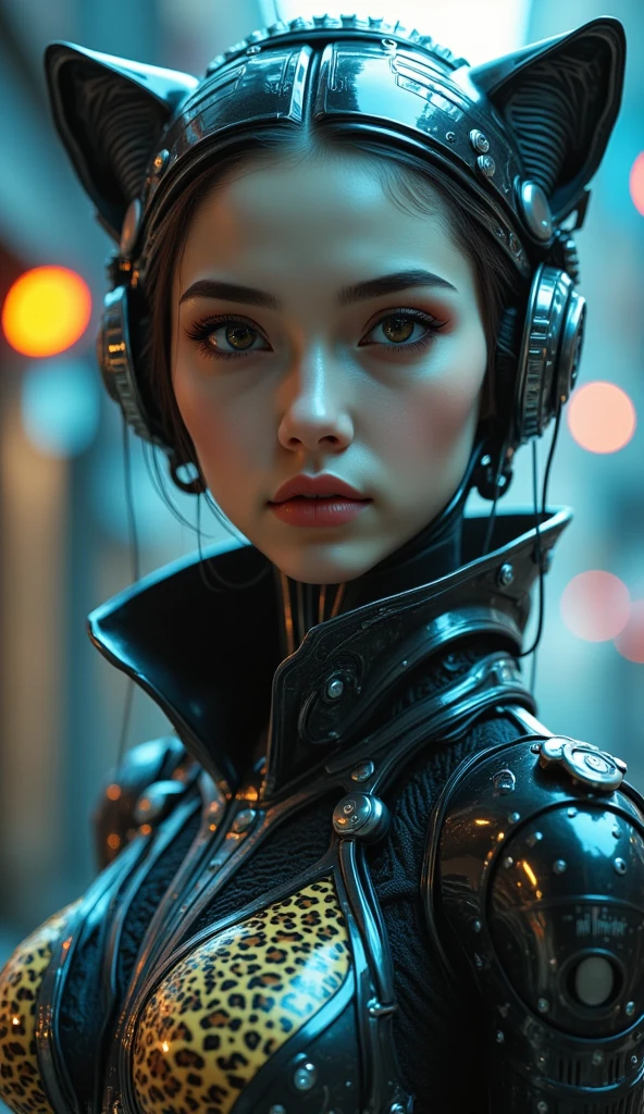 a cheetah cyborg woman, detailed portrait, beautiful detailed eyes, beautiful detailed lips, extremely detailed face and skin, long eyelashes, cinematic lighting, dramatic atmosphere, cheetah print bodysuit, futuristic cyberpunk style, intricate mechanical details, glowing neon accents, photorealistic, 8k, ultra-detailed, masterpiece, concept art, hyper realistic