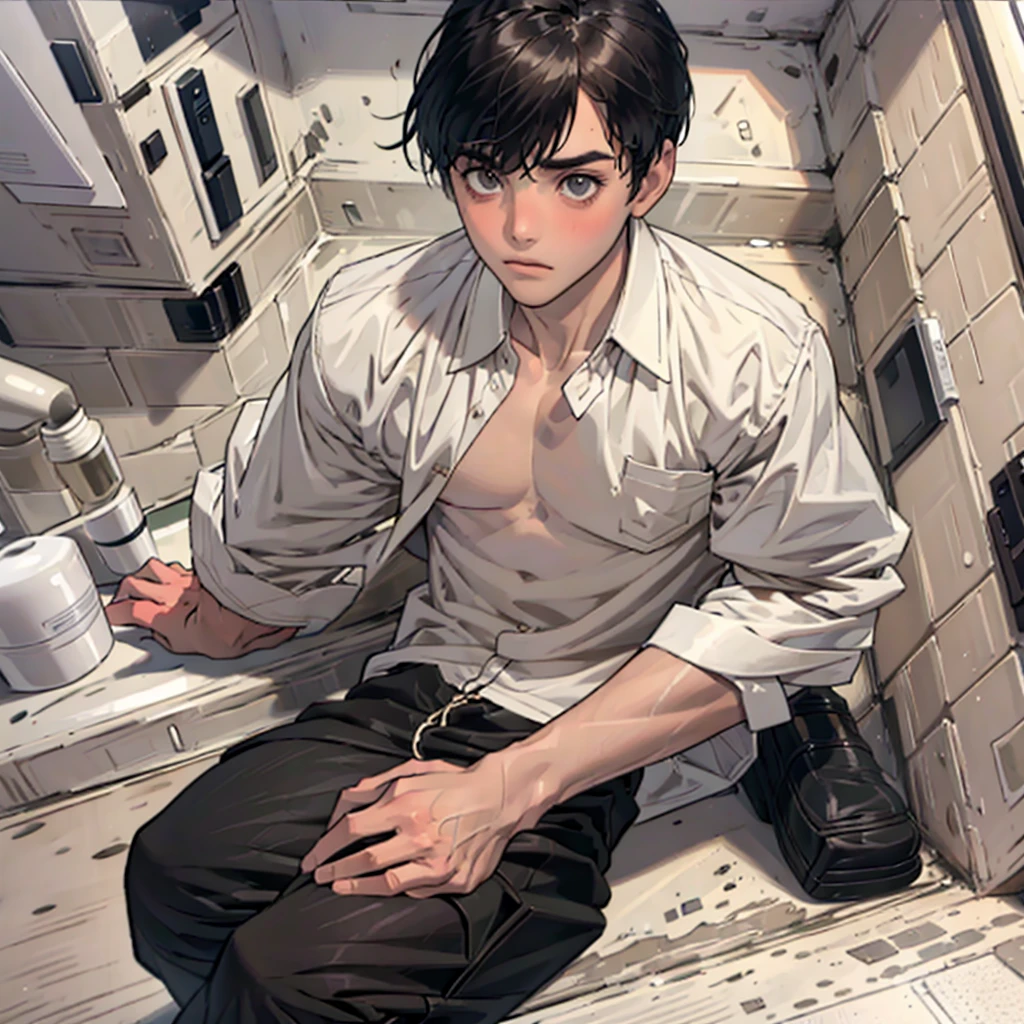 High school student, bathroom, wearing black blindfold, arms above head, both wrists tied with string, unbuttoned school uniform shirt, abs, pants down to knees, genitals exposed, erection, sitting on toilet 