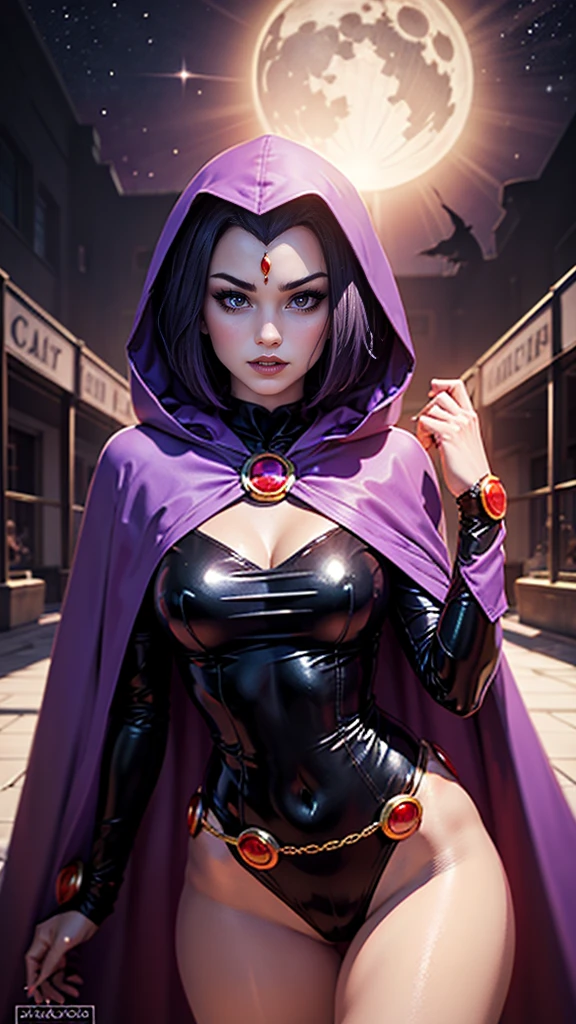  illustration of raven from DC Comics , 1 girl, cuervo, high neck, Black leotard, black cape, hood, CABELLO MORADO,  forehead jenel ,  purple eyes,  short hair ,  belt, tight skin, standing,  cleavage , [tonificado, pose, Evening , moonlight, ((posing)), movement lines , torso, Upper body, portrait, b&en. Contour,  in the art style of the Anime Tarot Card, elegant, attractive, reflection, Shine, shading,  media 40 dinier , little, large breasts, 