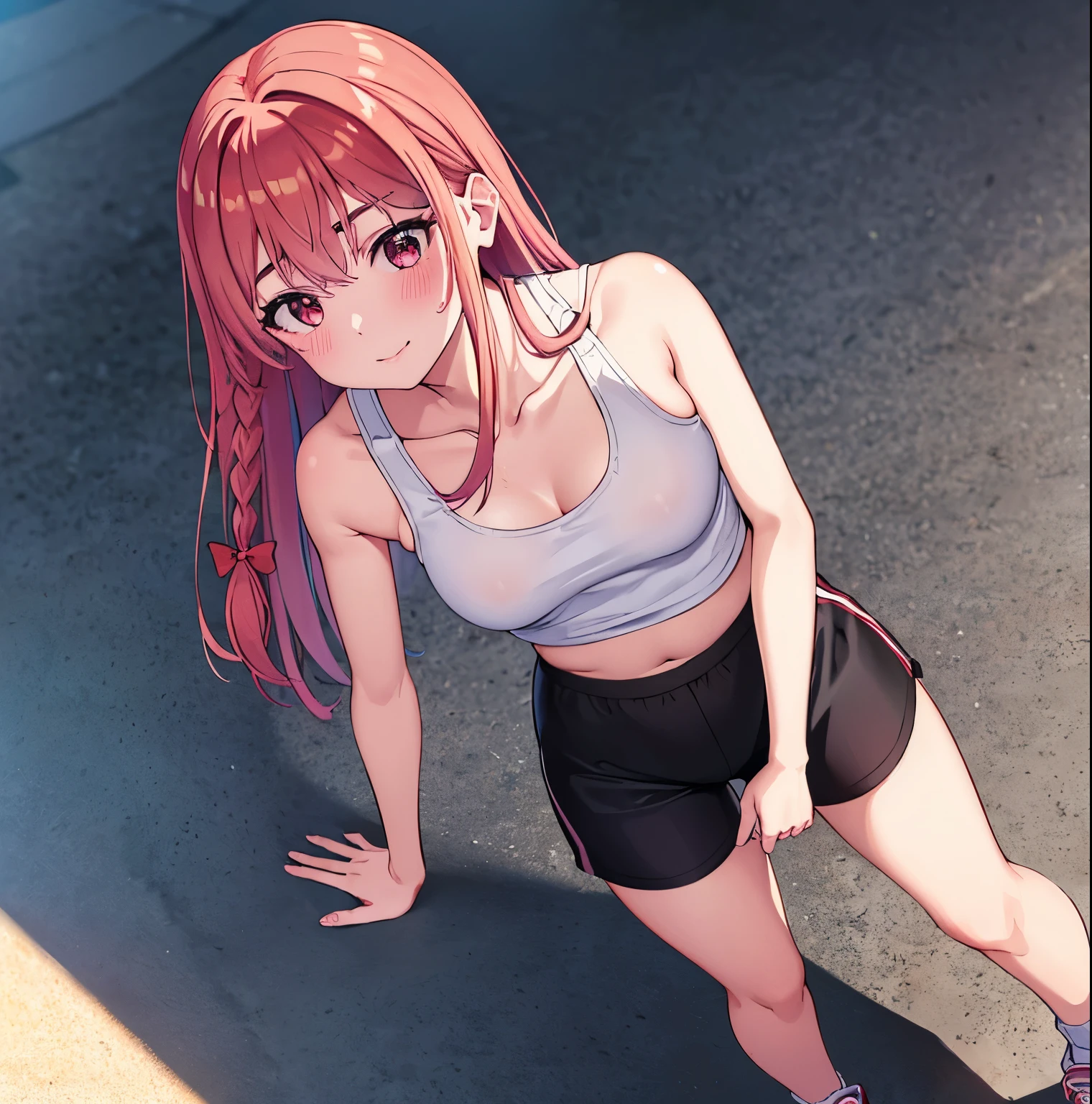 ((1girl)),((alone)), Sumi sakurasawa,(masterpiece), (best quality), (ultra detailed), (best illustration), (best shadow), (absurdities), sharp focus, cowboy shot , dynamic posture looking at the viewer, small breasts, narrow waist, wide hips, wide thighs, round butt, erotic, romantic, (very detailed eyes, lips 1.1), very detailed eyes, eyes, Very detailed face, Very pretty face, height full, beautiful slendegure, femininity, expressive appearance, elastic small breasts, increased sexuality, long hair, reddish-pink hair, red eyes, simple braid, hair bow, smile, red sports bra: 1.4, tight bra, bare arms, neckline: 1.2, exposed waist: 1.2, navel: 1.2, black sports shorts: 1.4, tight shorts, white socks, red sneakers: 1.3, defined body, perfect and beautiful body, perfect and beautiful, closed mouth, calm expression, blush, (sexy pose: 1.2), ((solo)), standing: 1.3, outdoor, cityscape, streets, city, day, clouds, looking forward, ((focus on breasts)), point of view: (from above), red blush, perfect anatomy, perfect hands,