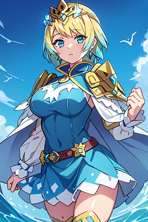 FjormFE, 1girl, solo, short hair, blue eyes, blonde hair, two-tone hair, blue hair, thighhighs, long sleeves, dress, jewelry, earrings, belt, cape, blue dress, short dress, tiara, crown, shoulder armor, feather trim

large breasts, 