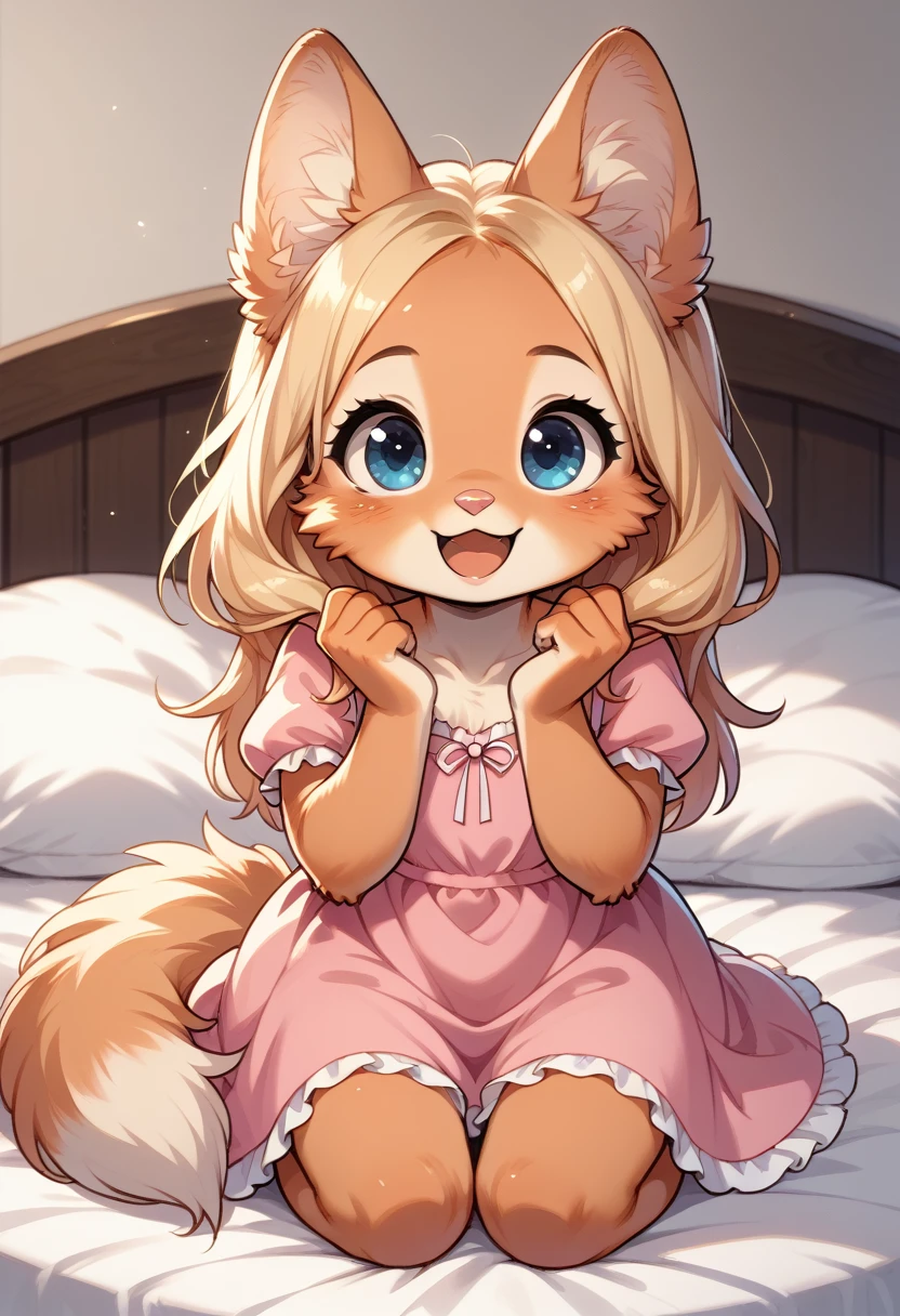 score_9, score_8_up, score_7_up, 1girl, alone, little fox, baby, , furry, Diane Foxington, with hair, blonde hair, long hair, blue Eyes, sitting in bed, pink dress, princess dress, open mouth, happy, cute
