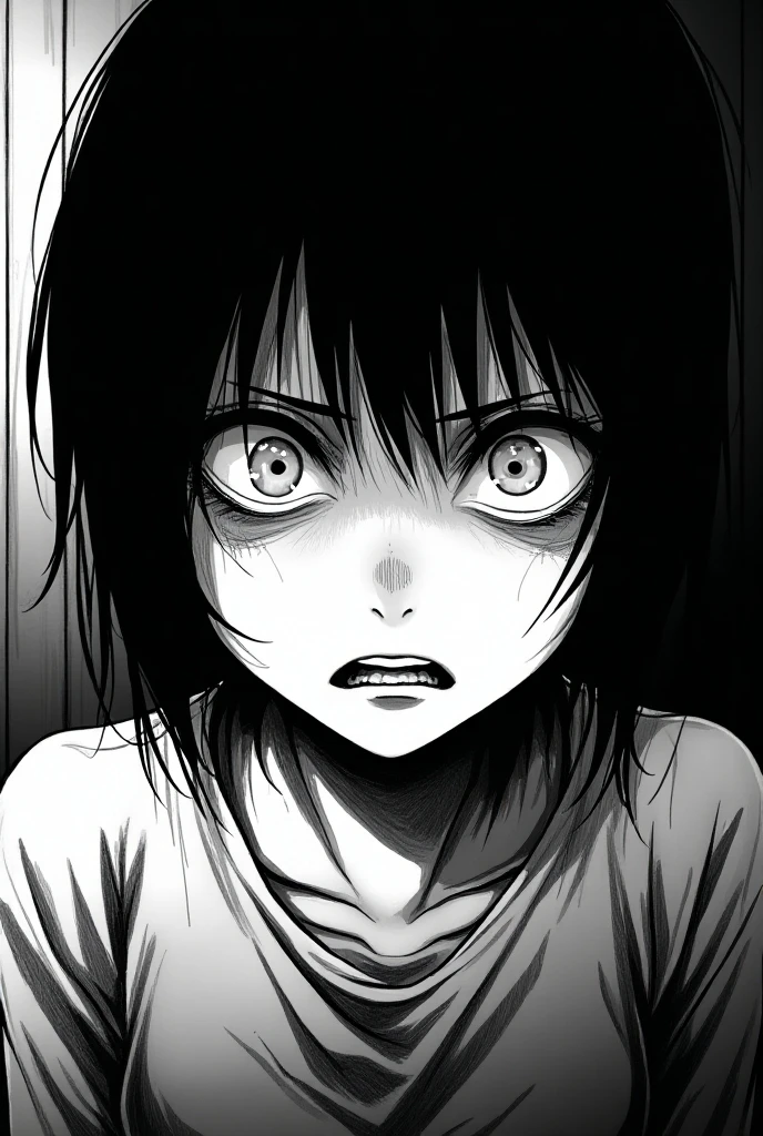 girl : A monochromatic illustration in black and white, inspired by the style of Shuzo Oshimi. The scene captures a young character with an intense, emotional expression. The character’s eyes are wide, showing vulnerability and unease, with fine, trembling lines around the eyes and mouth to emphasize tension. Shadows fall across the character’s face and upper body, with dramatic contrast between light and dark, creating a sense of psychological weight. Background elements are minimal, with simple lines suggesting a dimly lit room. The scene is close-up, focusing on the character's face and shoulders, using high contrast and fine hatching techniques for shading.