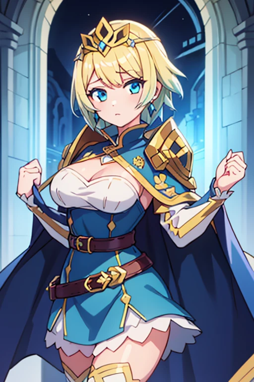 FjormFE, 1girl, solo, short hair, blue eyes, blonde hair, two-tone hair, blue hair, thighhighs, long sleeves, dress, jewelry, earrings, belt, cape, blue dress, short dress, tiara, crown, shoulder armor, feather trim

large breasts, 