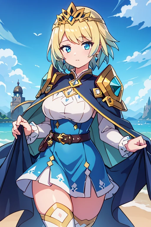 FjormFE, 1girl, solo, short hair, blue eyes, blonde hair, two-tone hair, blue hair, thighhighs, long sleeves, dress, jewelry, earrings, belt, cape, blue dress, short dress, tiara, crown, shoulder armor, feather trim

large breasts, 