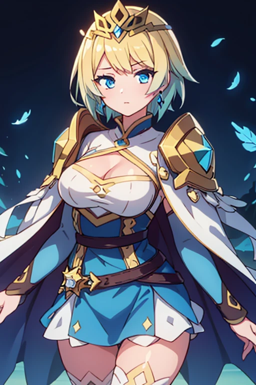 FjormFE, 1girl, solo, short hair, blue eyes, blonde hair, two-tone hair, blue hair, thighhighs, long sleeves, dress, jewelry, earrings, belt, cape, blue dress, short dress, tiara, crown, shoulder armor, feather trim

large breasts, 