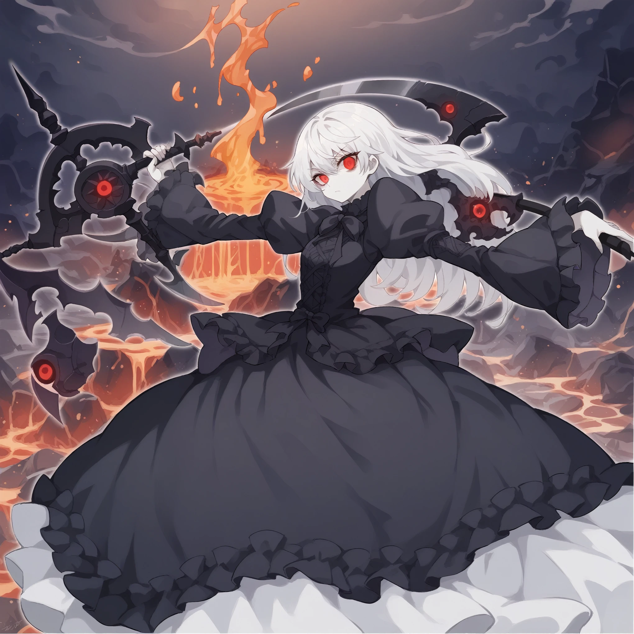 anime girl, solo, 4k absurdres, illustration, yugioh artstyle, glowing outline, gothic lolita, black clothing, pale skin, white hair, red eyes, dynamic pose, white scythe, holding scythe, dark void background,moon,open  palm, lava background, flames