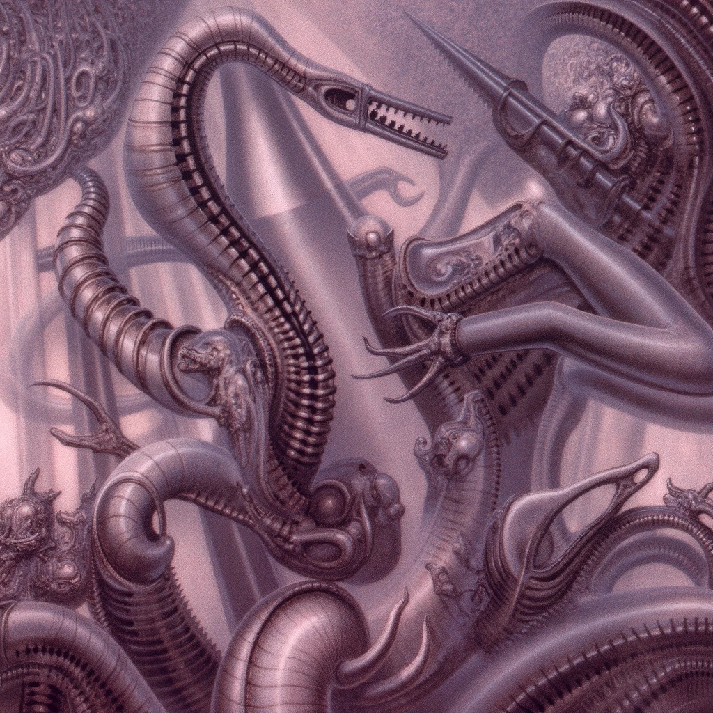 HRGGR, The image is a detailed view of H.R. Giger's biomechanical tableau \" LANDSCAPE No 312 \" plate, featuring a complex, intricate, and detailed design of endless Machine in the transit space over the cascade of fallen water, that appears to be a fusion of organic and mechanical elements, with a focus on the interplay between the two.The piece is a tableau, most likely created with a India ink pen or pencil on paper, determined by the thin lines, shading techniques, and the texture of the paper, which is visible around the edges. Used is pen, given the shading and variations in line weight visible in the image. Artist have used a variety of stylus with different degrees of hardness to achieve the shading effects. The use of undersaturated green-grays dark contrasts creates a stark and graphic look. Is used a variety of linework techniques to create different textures. Fine, parallel lines create a smooth, metallic texture,while thicker, more cursive lines suggest cables or wires. Light source from the top highlights skeletals, pper part of foreground, lower part of image is in shadowupper part of foreground, lower part of image is in shadow. The art performance showcases the artist’s skills in observation and rendering. The level of detail in the piece suggests a close study of real bone specimens and mechanics. The artist has skillfully used shading techniques to create a convincing illusion of three-dimensionality on a flat surface. The wrinkles and cracks in the surface, and the cast shadows with accuracy, used shading techniques to create a realistic depiction of light and shadow on the objects. This creates a sense of depth and dimension in the image. The artist has used careful linework to depict the contours and textures in the piece Sharp focus on foreground elements illustration. Deep and delicate DOF. Big painting. Stored in Louvre masterpiece, ooze soaked pajama top