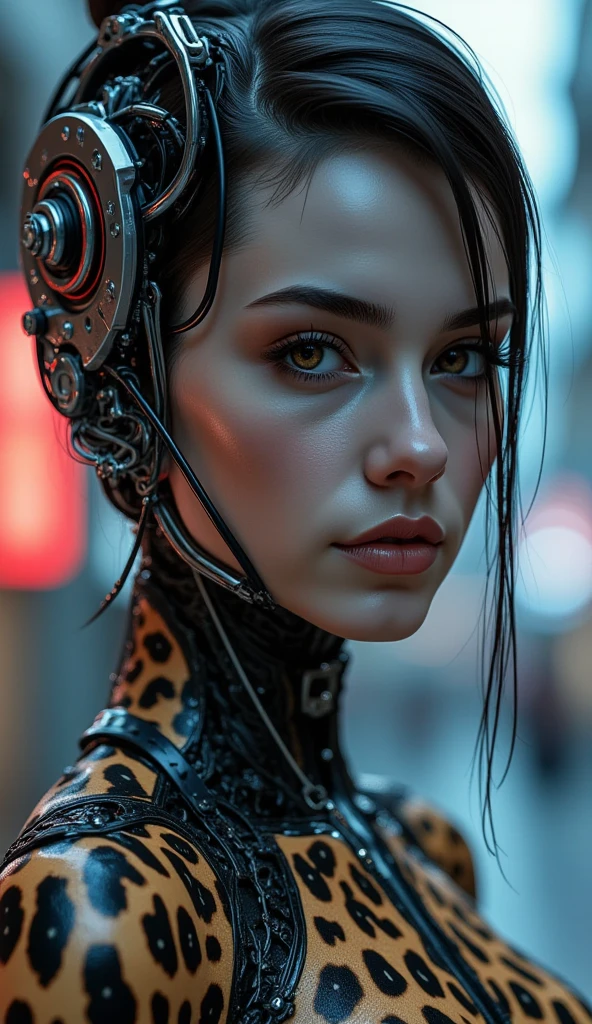 a cheetah cyborg woman, detailed portrait, beautiful detailed eyes, beautiful detailed lips, extremely detailed face and skin, long eyelashes, cinematic lighting, dramatic atmosphere, cheetah print bodysuit, futuristic cyberpunk style, intricate mechanical details, glowing neon accents, photorealistic, 8k, ultra-detailed, masterpiece, concept art, hyper realistic