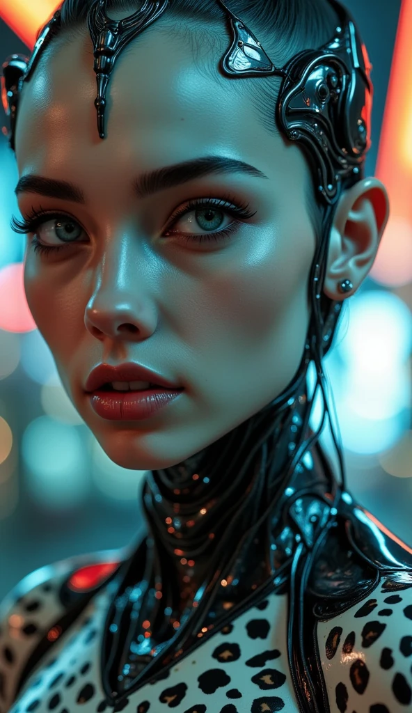 a cheetah cyborg woman, detailed portrait, beautiful detailed eyes, beautiful detailed lips, extremely detailed face and skin, long eyelashes, cinematic lighting, dramatic atmosphere, cheetah print bodysuit, futuristic cyberpunk style, intricate mechanical details, glowing neon accents, photorealistic, 8k, ultra-detailed, masterpiece, concept art, hyper realistic