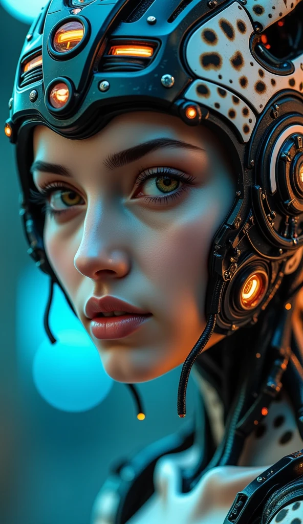 a cheetah cyborg woman, detailed portrait, beautiful detailed eyes, beautiful detailed lips, extremely detailed face and skin, long eyelashes, cinematic lighting, dramatic atmosphere, cheetah print bodysuit, futuristic cyberpunk style, intricate mechanical details, glowing neon accents, photorealistic, 8k, ultra-detailed, masterpiece, concept art, hyper realistic