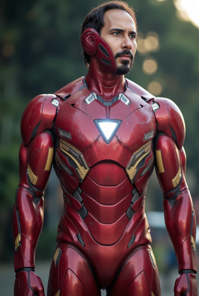 man wearing iron man costume,open mask,new armor. triangle lamp on chest. Red gold color,iron mark 85,big muscle armor,highly detailed,intricate details,cinematic lighting,dramatic shadows,metallic textures,realistic weathering,photorealistic,8k,award winning digital art. Tony stark beard
