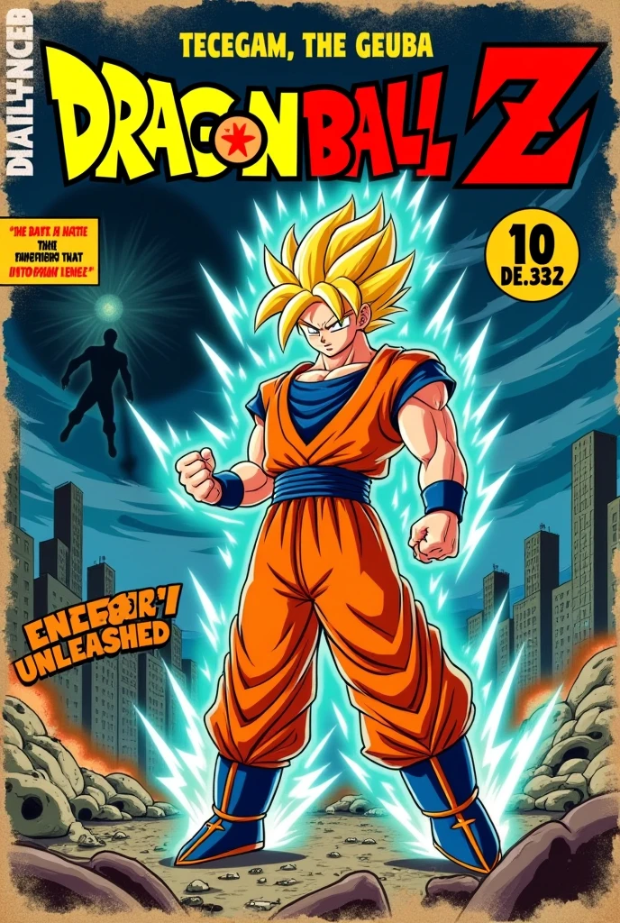 Vintage comic book cover inspired by the 1940s, featuring a stylized version of Goku in his Dragon Ball Z form. Goku stands in a powerful pose, his spiky Super Saiyan hair glowing bright yellow, with energy crackling around him. His iconic orange gi flutters dramatically, torn and battle-worn, revealing his well-defined muscles, exaggerated in the comic book style. His clenched fists are enveloped in blue aura, and his intense eyes are focused forward, showing pure determination.

Behind Goku, the background depicts a chaotic scene—a crumbling cityscape with skyscrapers collapsing in the distance and the sky darkened by swirling storm clouds. Jagged lightning bolts strike the ground, adding tension and energy to the scene. Scattered debris and smoke fill the ground near Goku’s feet, with the silhouettes of enemies he's defeated lying motionless. In the distance, an ominous shadowy figure hovers menacingly, hinting at a powerful antagonist.

The comic’s title, 'POWER OF THE SAIYAN!' is written in bold, distressed lettering across the top, with the subtitle 'Goku vs the Unstoppable Foe!' beneath in smaller text. The captions on the side shout 'Energy Unleashed!' and 'The Battle That Shakes the Heavens!' in bright, jagged fonts, adding to the high-stakes drama.

At the bottom left corner, a classic price bubble reads '10¢,' and the issue number, 'No. 32,' along with 'December' as the release date, is printed just above it. A small tagline above the comic’s title reads 'The Greatest Warrior from Another World!' in vintage-style font. The cover has a worn-out texture with faded edges, and the colors are slightly muted, giving it that classic aged comic feel. The mix of vibrant blues, yellows, and oranges, combined with the detailed linework in Goku’s muscles and energy, gives the character a perfect fusion of Dragon Ball Z intensity and 1940s comic book artistry