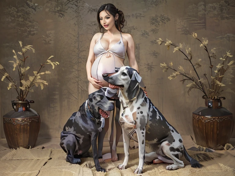 MagazineCover,FULL BODYSHOT,sideshot、13 year old flat chested girl and great dane dog,shyly smile,7 months pregnant,great dane dog hug,Real Light,Commemorative photo taken with a pregnant woman and a Great Dane dog in Japan、(NSFW)