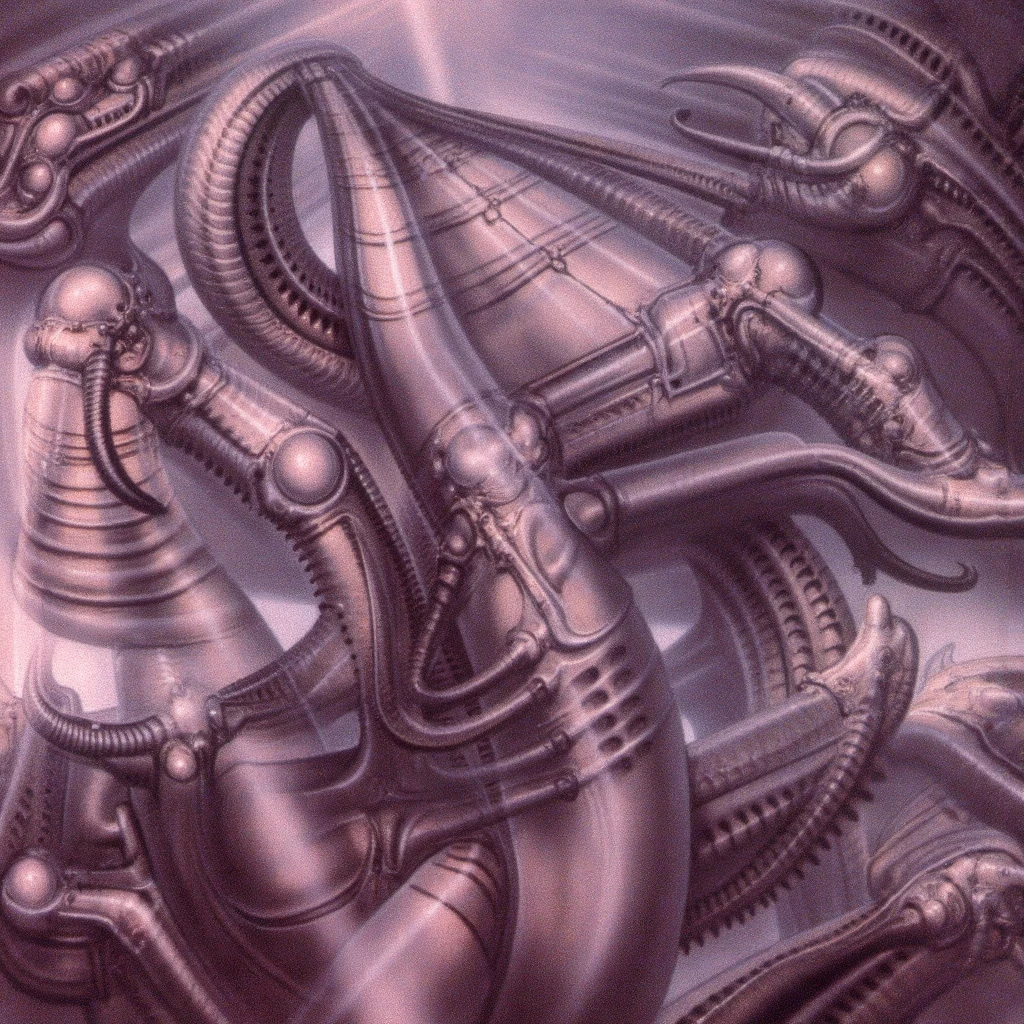 HRGGR, The image is a detailed view of H.R. Giger's biomechanical tableau \" LANDSCAPE No 312 \" plate, featuring a complex, intricate, and detailed design of endless Machine in the transit space over the cascade of fallen water, that appears to be a fusion of organic and mechanical elements, with a focus on the interplay between the two.The piece is a tableau, most likely created with a India ink pen or pencil on paper, determined by the thin lines, shading techniques, and the texture of the paper, which is visible around the edges. Used is pen, given the shading and variations in line weight visible in the image. Artist have used a variety of stylus with different degrees of hardness to achieve the shading effects. The use of undersaturated green-grays dark contrasts creates a stark and graphic look. Is used a variety of linework techniques to create different textures. Fine, parallel lines create a smooth, metallic texture,while thicker, more cursive lines suggest cables or wires. Light source from the top highlights skeletals, pper part of foreground, lower part of image is in shadowupper part of foreground, lower part of image is in shadow. The art performance showcases the artist’s skills in observation and rendering. The level of detail in the piece suggests a close study of real bone specimens and mechanics. The artist has skillfully used shading techniques to create a convincing illusion of three-dimensionality on a flat surface. The wrinkles and cracks in the surface, and the cast shadows with accuracy, used shading techniques to create a realistic depiction of light and shadow on the objects. This creates a sense of depth and dimension in the image. The artist has used careful linework to depict the contours and textures in the piece Sharp focus on foreground elements illustration. Deep and delicate DOF. Big painting. Stored in Louvre masterpiece, ooze soaked pajama top