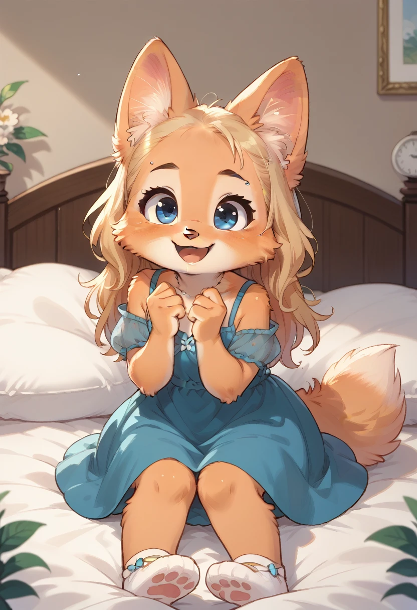 score_9, score_8_up, score_7_up, 1girl, alone, little fox, baby, , furry, Diane Foxington, with hair, blonde hair, long hair, blue Eyes, sitting in bed, princess dress, open mouth, happy, cute